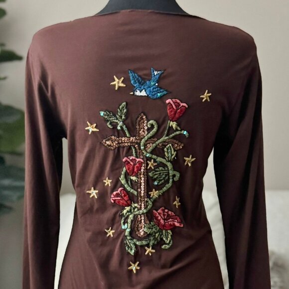Womens Cruel Girl Brown Embroidered Sequin Embellished Shirt M Medium BEAUTIFUL - Picture 4 of 5